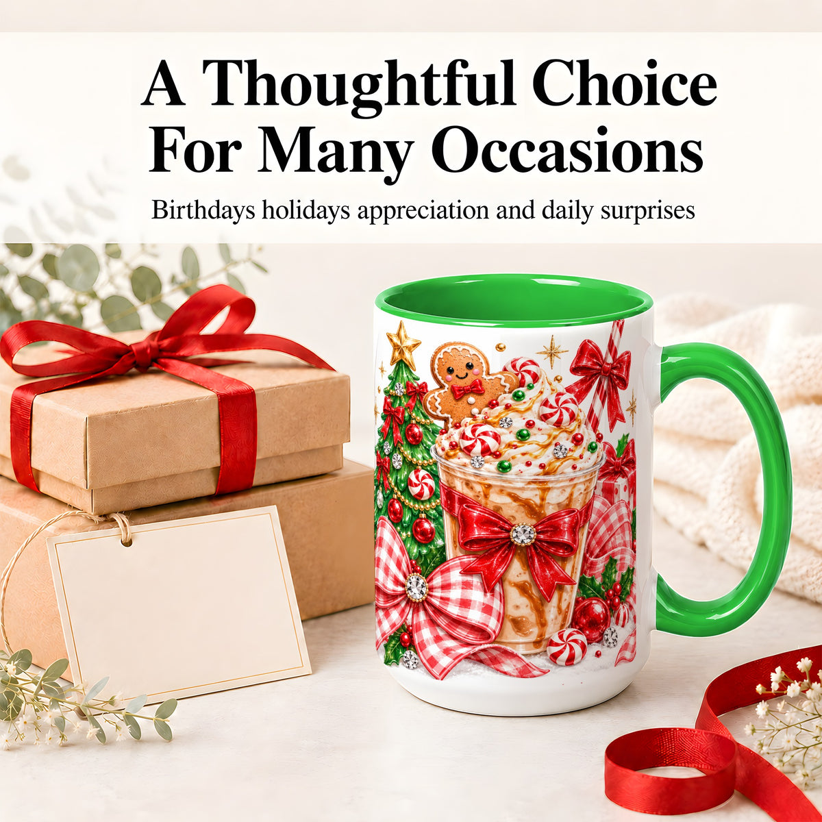 #pl[15oz|Green] Christmas Coffee Ceramic Mug, Candy Cane Gingerbread Artwork