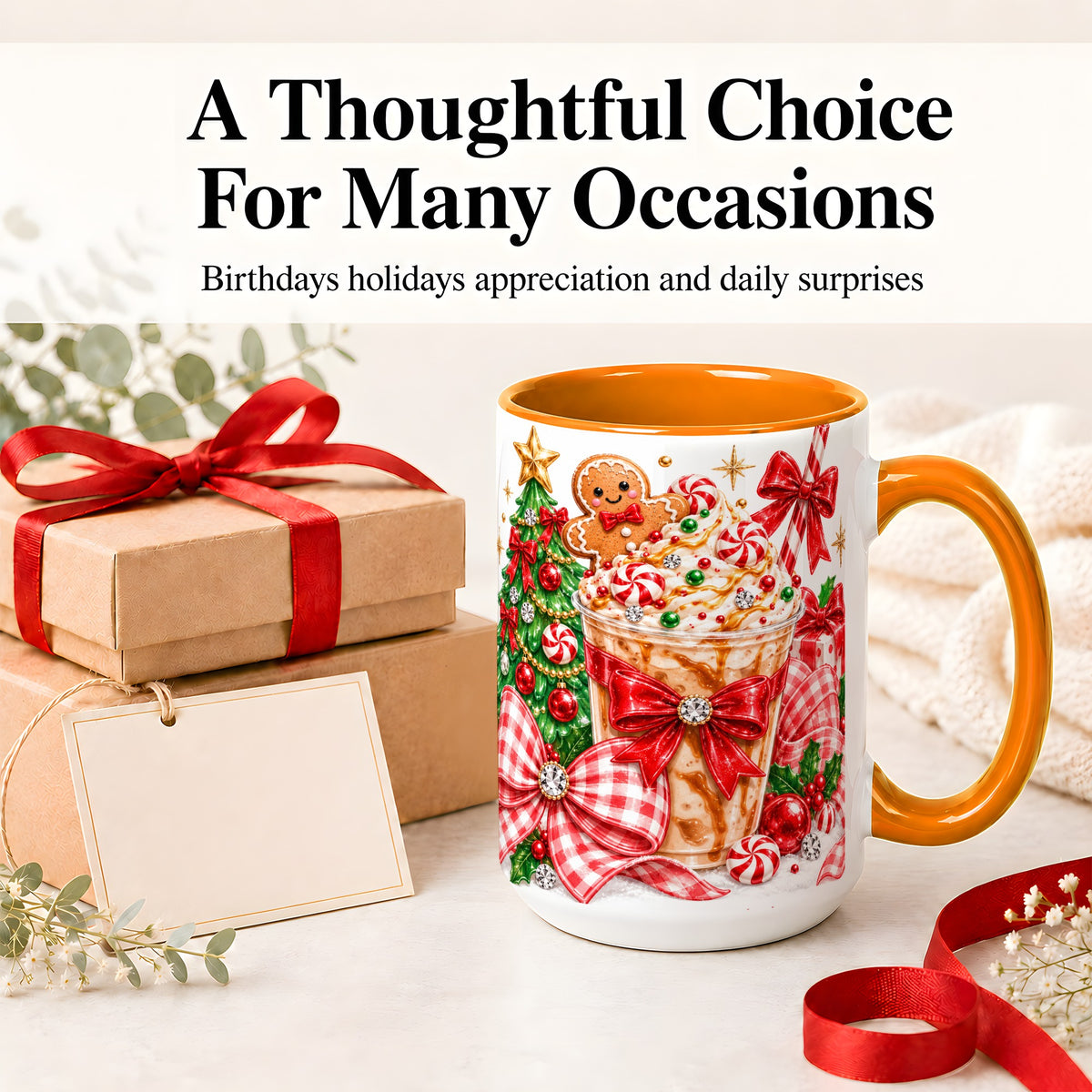 #pl[15oz|Orange] Christmas Coffee Ceramic Mug, Candy Cane Gingerbread Artwork