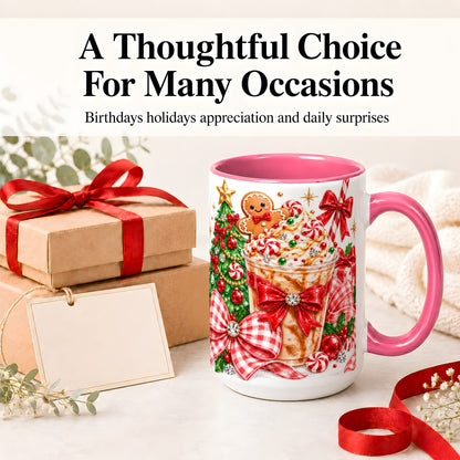 #pl[15oz|Pink] Christmas Coffee Ceramic Mug, Candy Cane Gingerbread Artwork