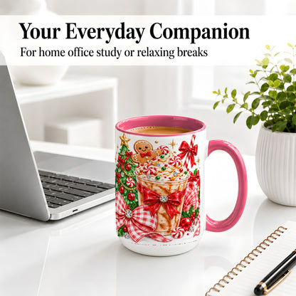 #pl[15oz|Pink] Christmas Coffee Ceramic Mug, Candy Cane Gingerbread Artwork