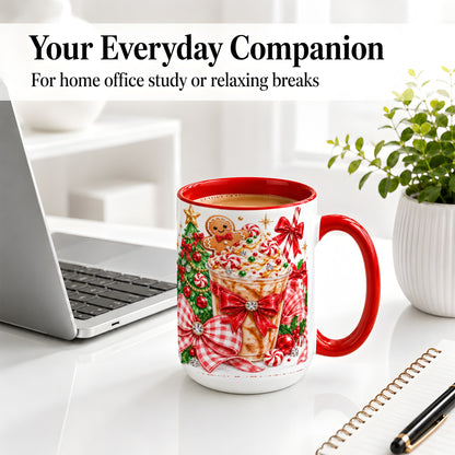 #pl[15oz|Red] Christmas Coffee Ceramic Mug, Candy Cane Gingerbread Artwork
