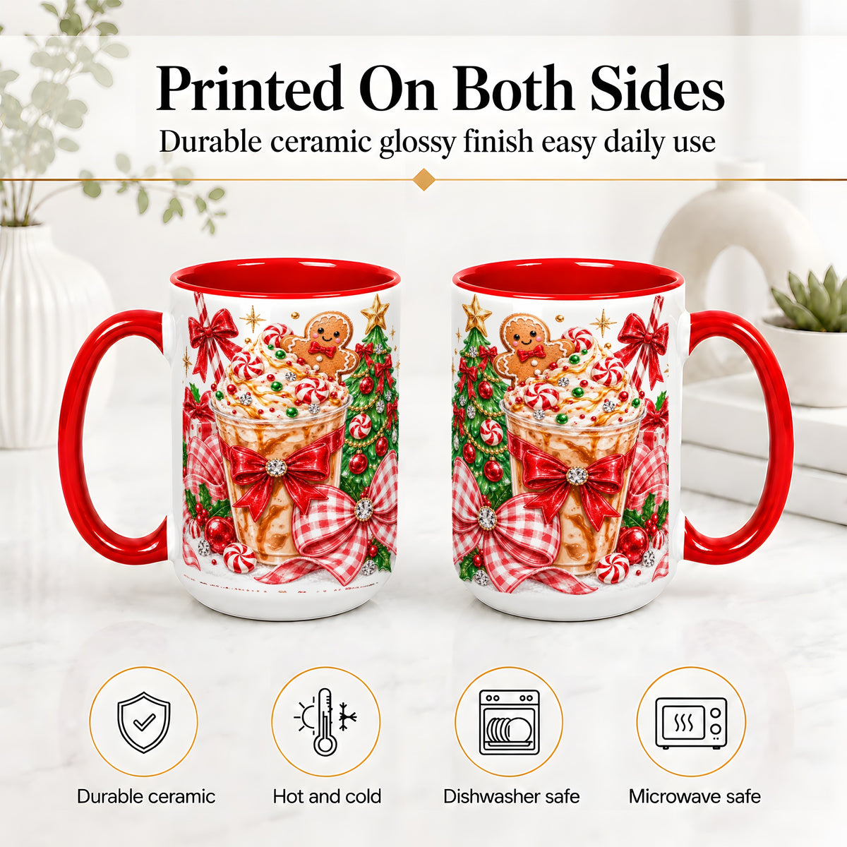 #pl[15oz|Red] Christmas Coffee Ceramic Mug, Candy Cane Gingerbread Artwork