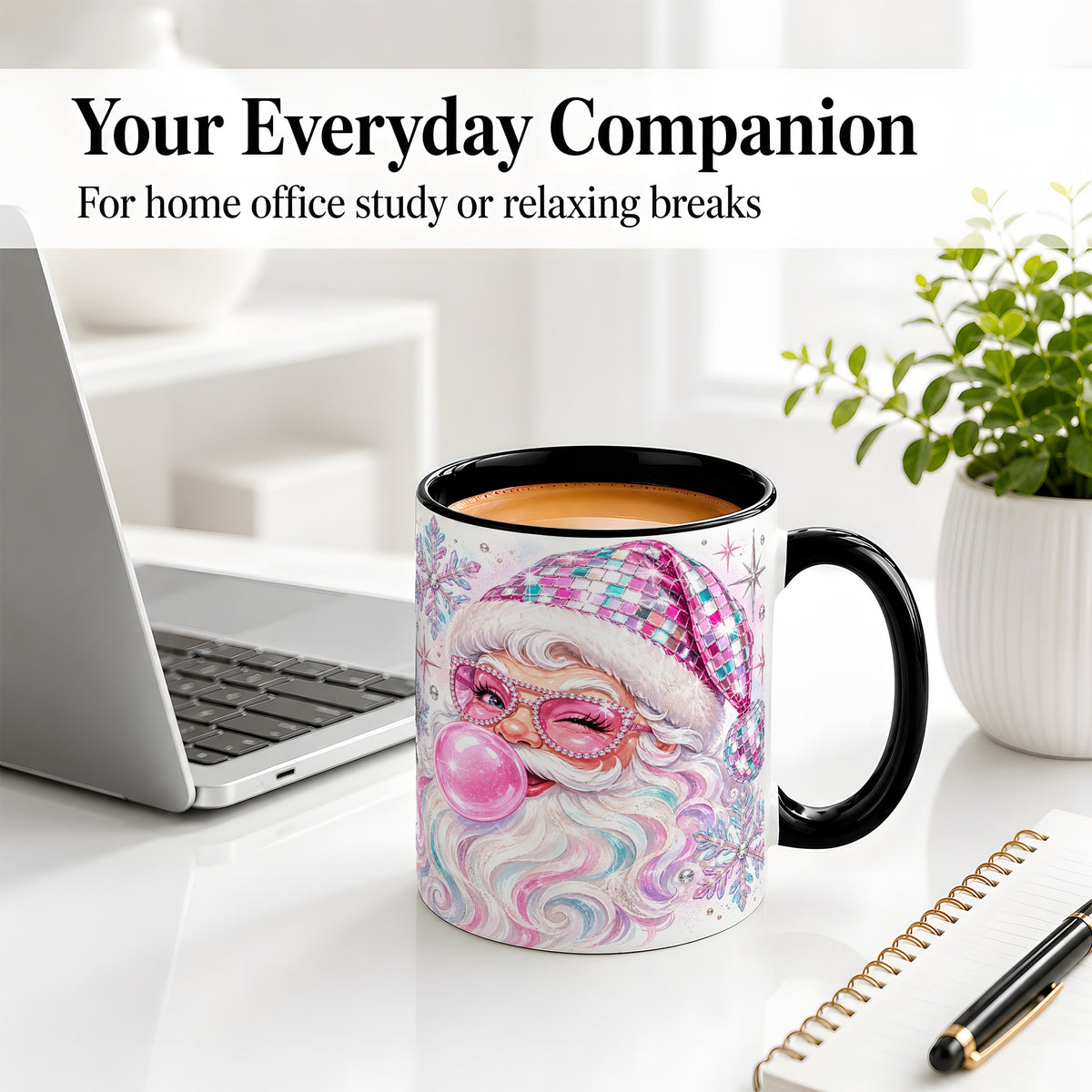 #pl[11oz|Black] Pink Santa Ceramic Mug, Bubblegum Snowflake Christmas Artwork