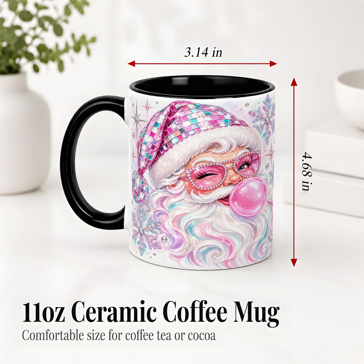#pl[11oz|Black] Pink Santa Ceramic Mug, Bubblegum Snowflake Christmas Artwork