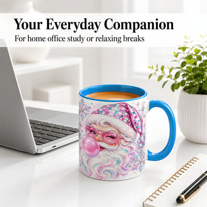 #pl[11oz|Blue] Pink Santa Ceramic Mug, Bubblegum Snowflake Christmas Artwork
