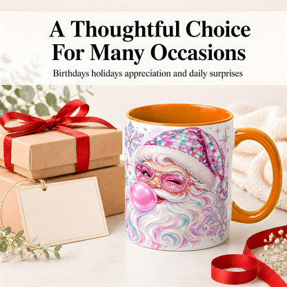 #pl[11oz|Orange] Pink Santa Ceramic Mug, Bubblegum Snowflake Christmas Artwork