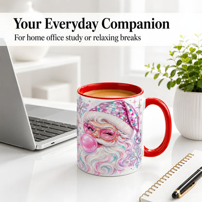 #pl[11oz|Red] Pink Santa Ceramic Mug, Bubblegum Snowflake Christmas Artwork