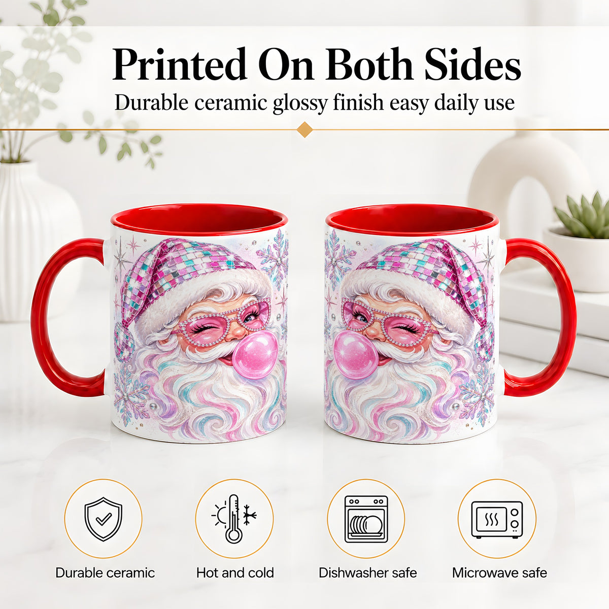 #pl[11oz|Red] Pink Santa Ceramic Mug, Bubblegum Snowflake Christmas Artwork