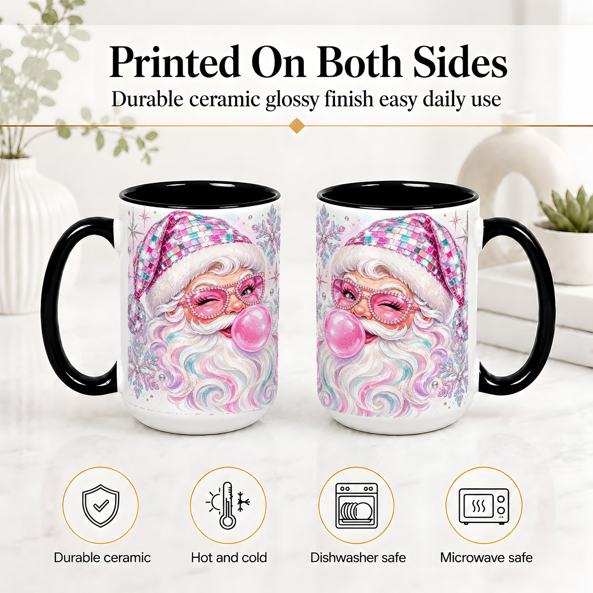 #pl[15oz|Black] Pink Santa Ceramic Mug, Bubblegum Snowflake Christmas Artwork