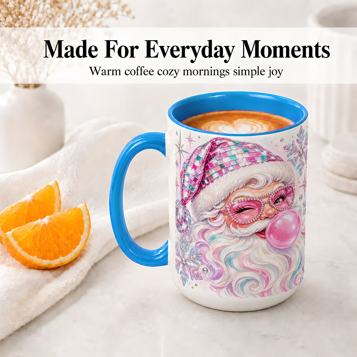 #pl[15oz|Blue] Pink Santa Ceramic Mug, Bubblegum Snowflake Christmas Artwork