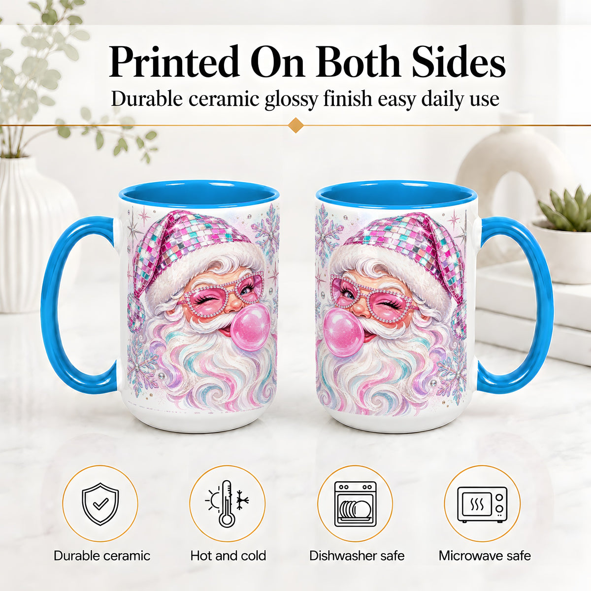 #pl[15oz|Blue] Pink Santa Ceramic Mug, Bubblegum Snowflake Christmas Artwork
