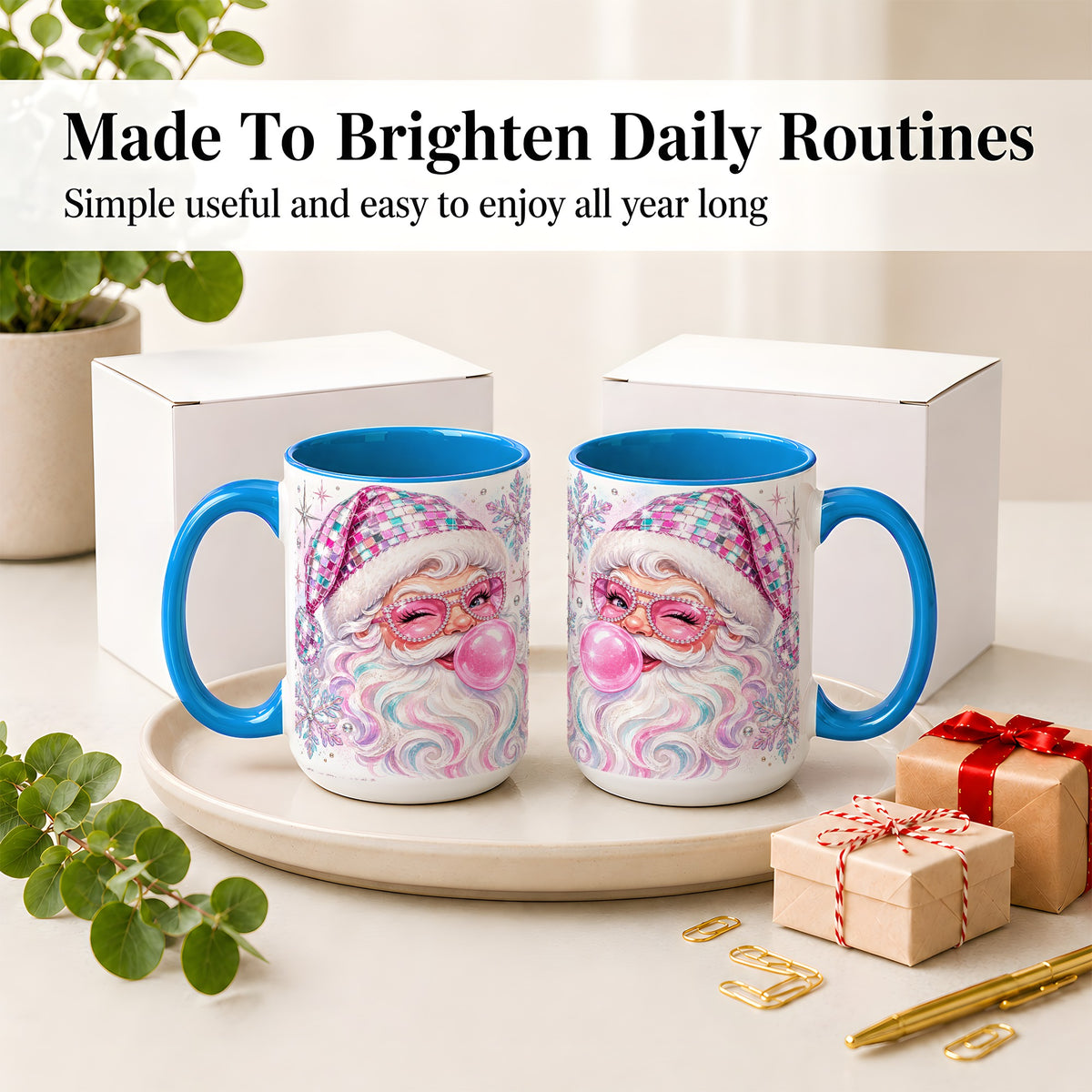 #pl[15oz|Blue] Pink Santa Ceramic Mug, Bubblegum Snowflake Christmas Artwork