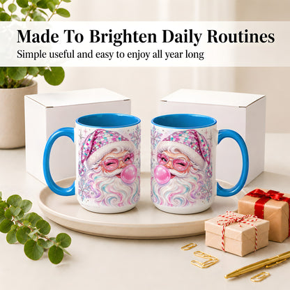 #pl[15oz|Blue] Pink Santa Ceramic Mug, Bubblegum Snowflake Christmas Artwork