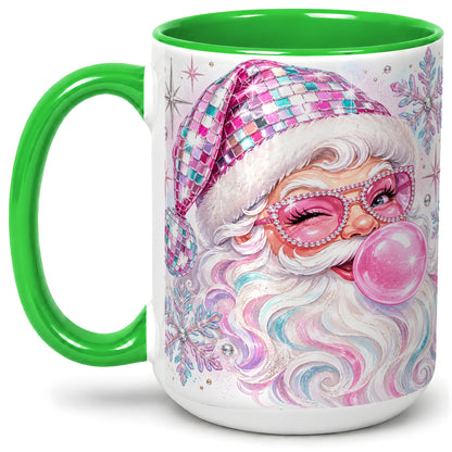 #pl[15oz|Green] Pink Santa Ceramic Mug, Bubblegum Snowflake Christmas Artwork