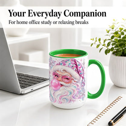 #pl[15oz|Green] Pink Santa Ceramic Mug, Bubblegum Snowflake Christmas Artwork