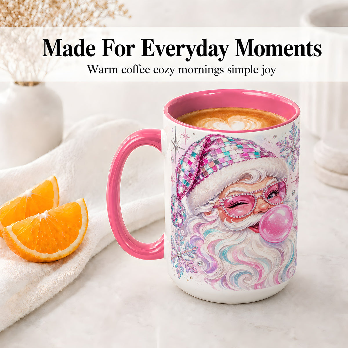 #pl[15oz|Pink] Pink Santa Ceramic Mug, Bubblegum Snowflake Christmas Artwork