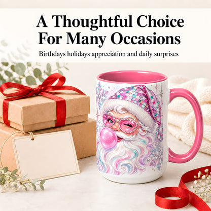 #pl[15oz|Pink] Pink Santa Ceramic Mug, Bubblegum Snowflake Christmas Artwork
