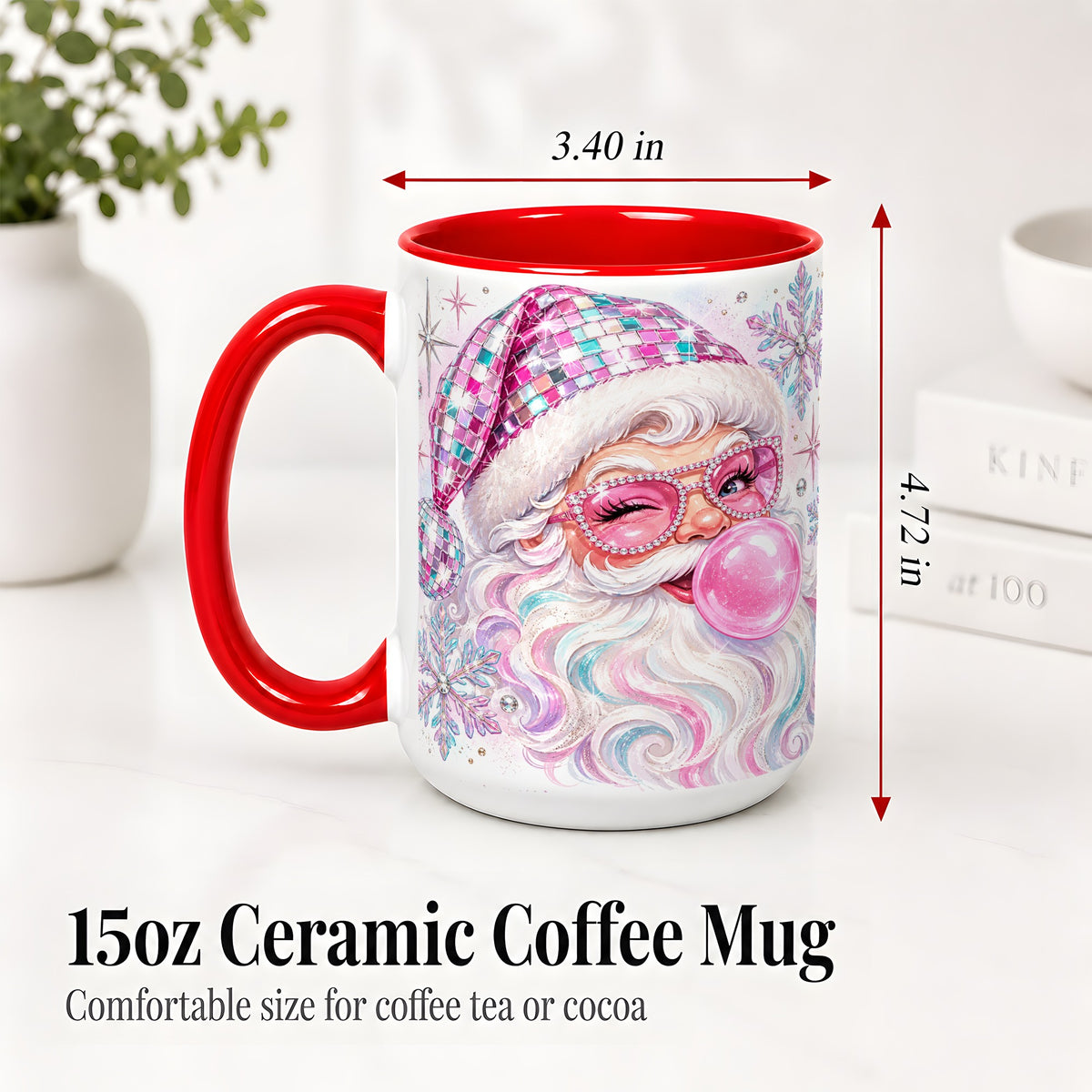 #pl[15oz|Red] Pink Santa Ceramic Mug, Bubblegum Snowflake Christmas Artwork
