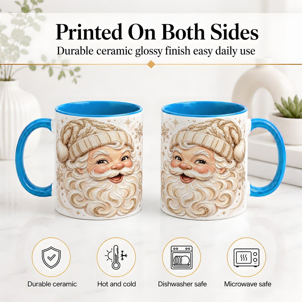 #pl[11oz|Blue] Golden Santa Ceramic Mug, Cream Gold Winter Snowflake Artwork