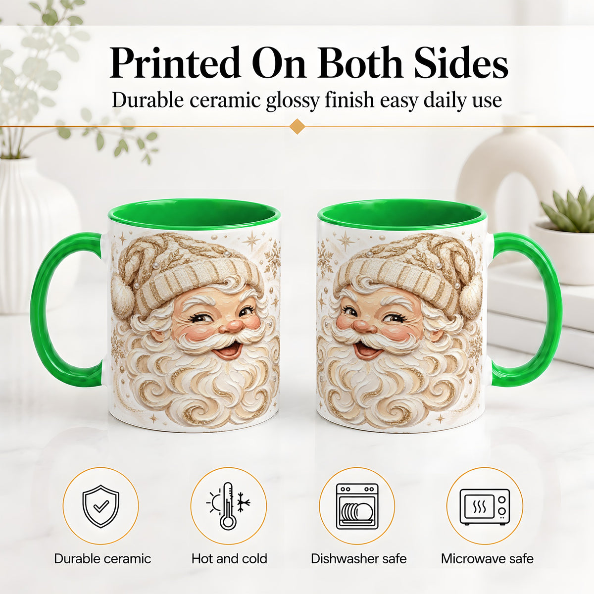 #pl[11oz|Green] Golden Santa Ceramic Mug, Cream Gold Winter Snowflake Artwork