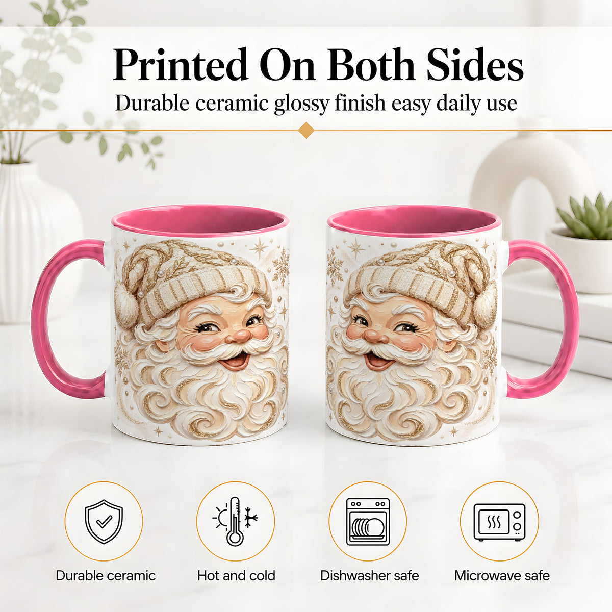 #pl[11oz|Pink] Golden Santa Ceramic Mug, Cream Gold Winter Snowflake Artwork