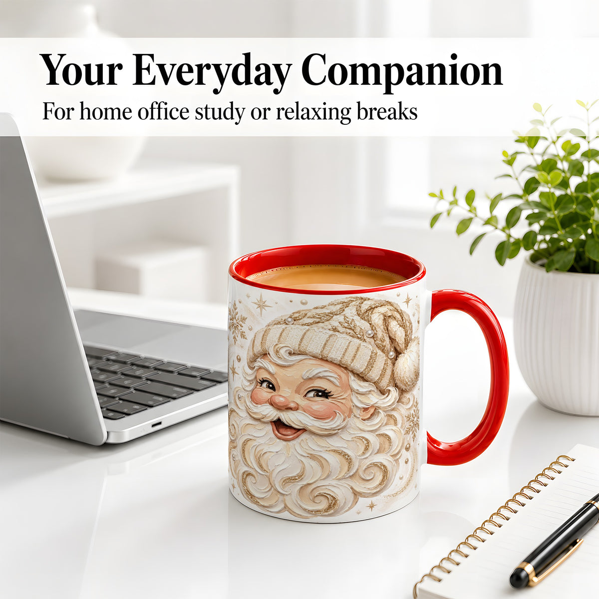 #pl[11oz|Red] Golden Santa Ceramic Mug, Cream Gold Winter Snowflake Artwork