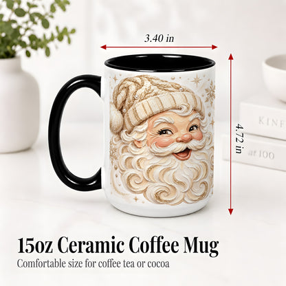 #pl[15oz|Black] Golden Santa Ceramic Mug, Cream Gold Winter Snowflake Artwork