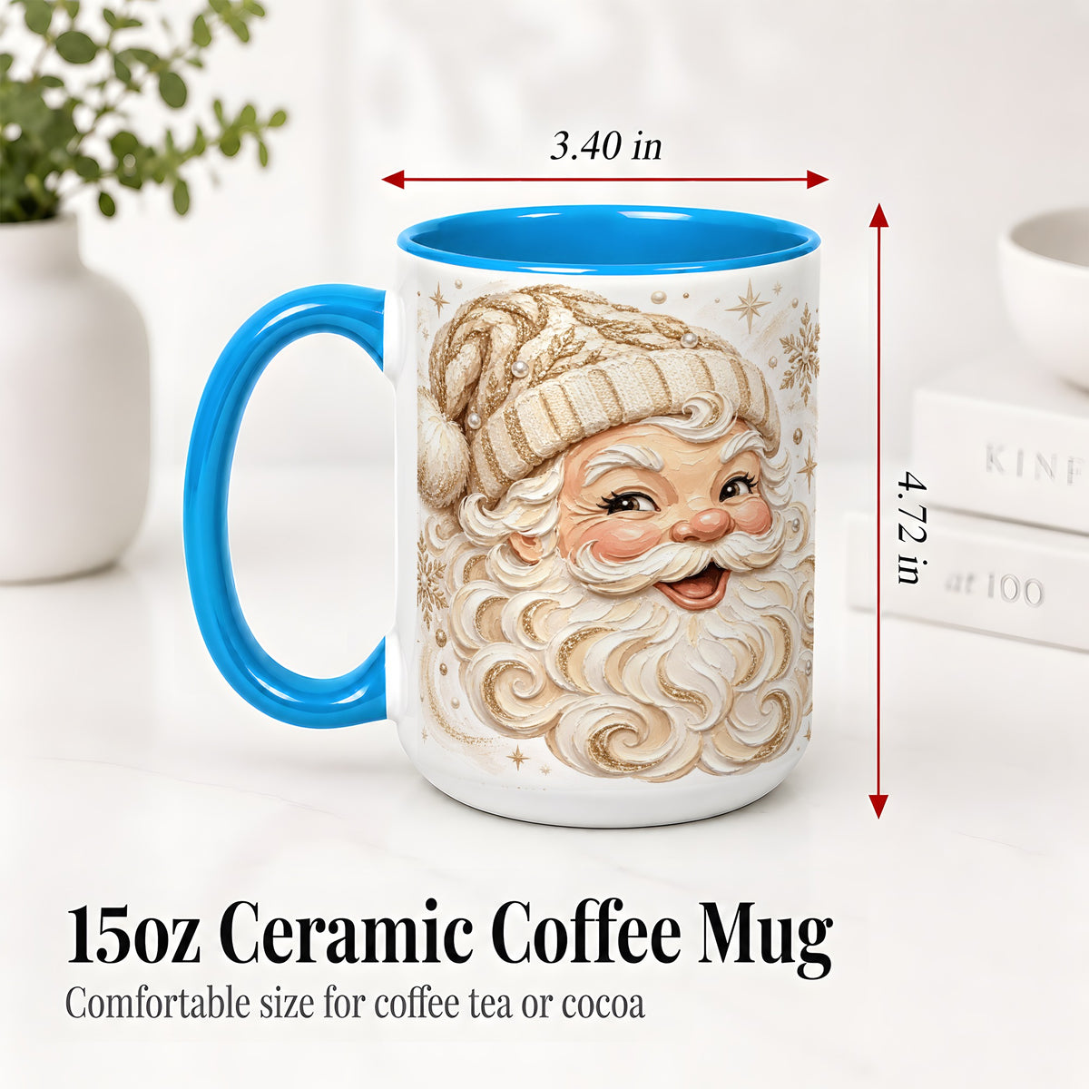 #pl[15oz|Blue] Golden Santa Ceramic Mug, Cream Gold Winter Snowflake Artwork