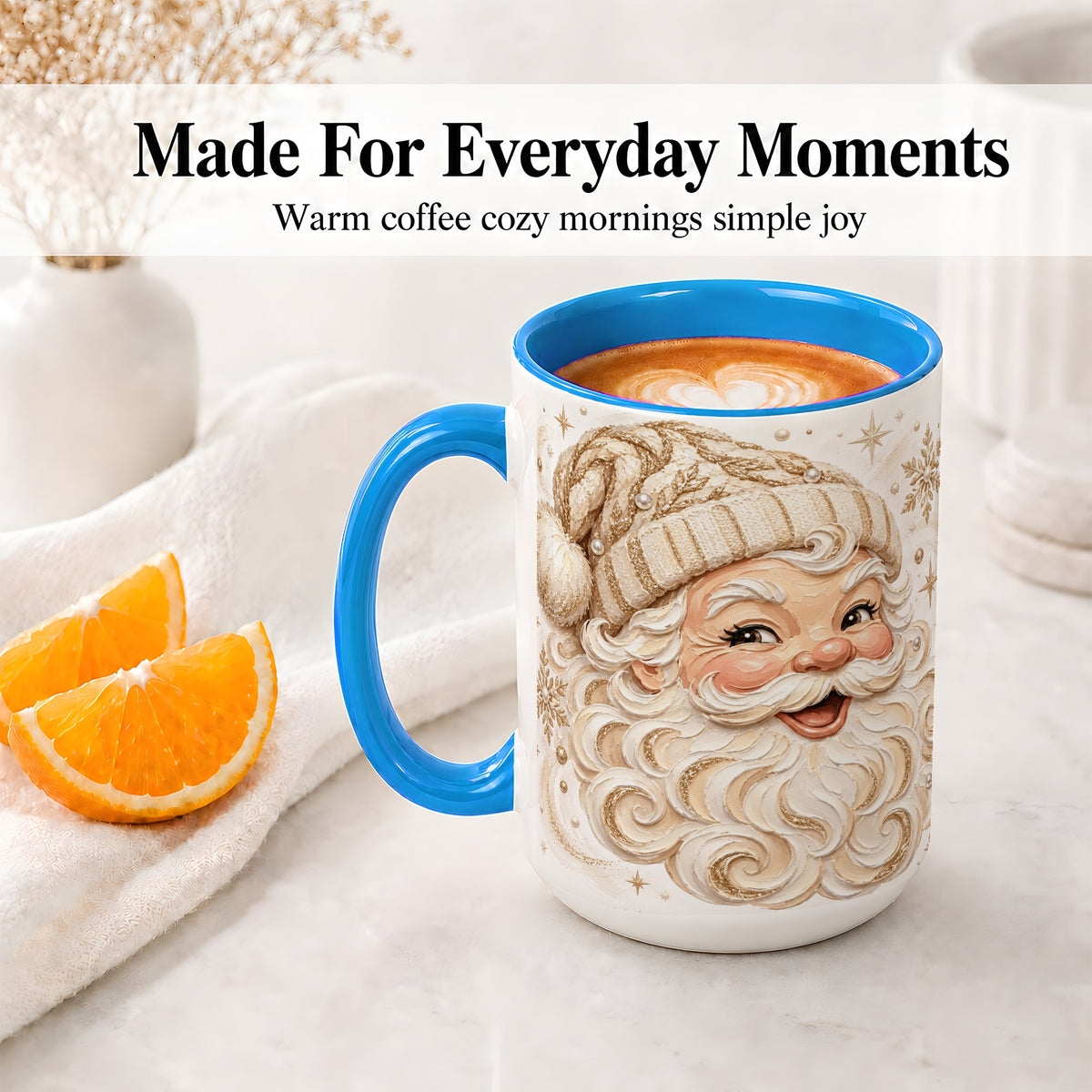 #pl[15oz|Blue] Golden Santa Ceramic Mug, Cream Gold Winter Snowflake Artwork