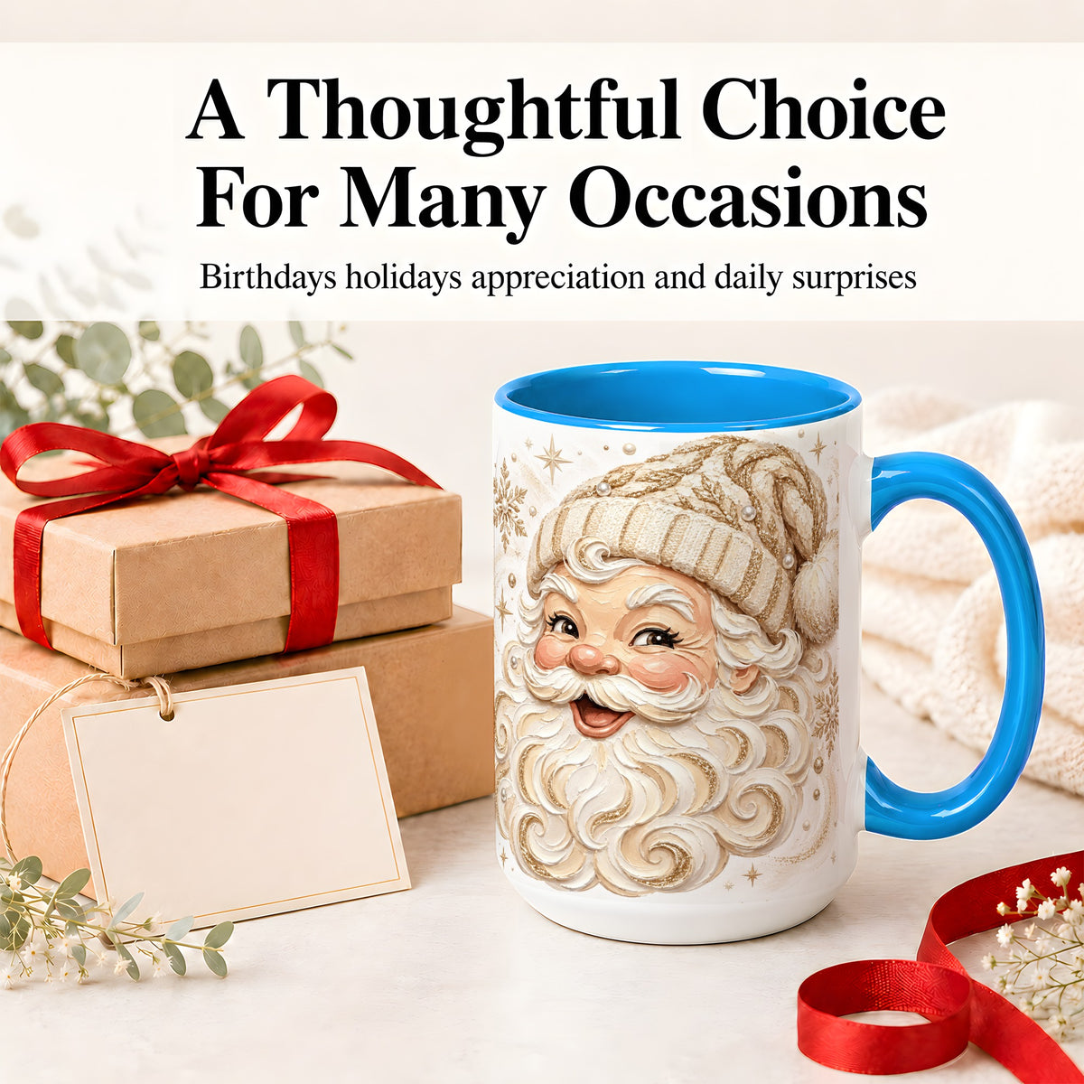 #pl[15oz|Blue] Golden Santa Ceramic Mug, Cream Gold Winter Snowflake Artwork