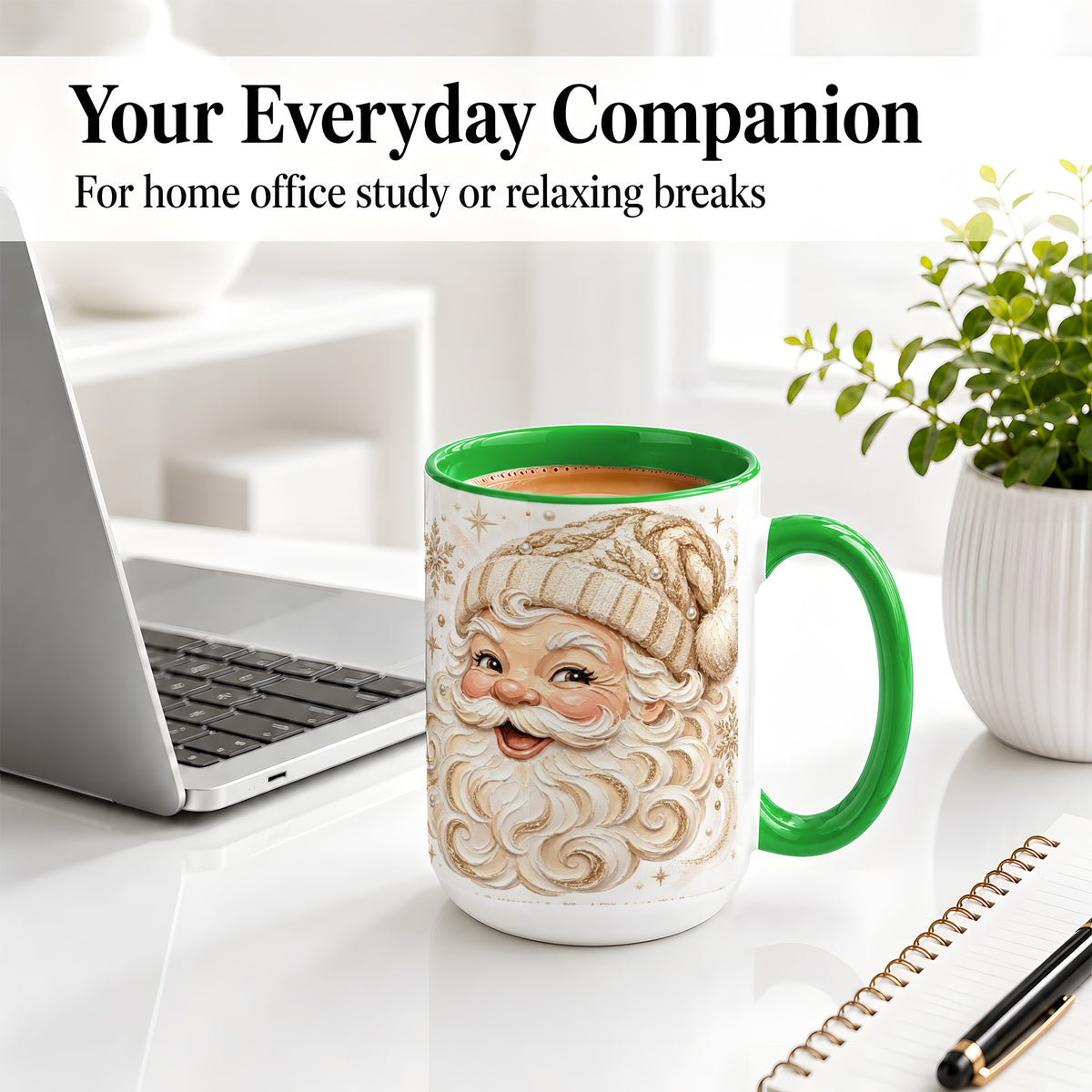 #pl[15oz|Green] Golden Santa Ceramic Mug, Cream Gold Winter Snowflake Artwork