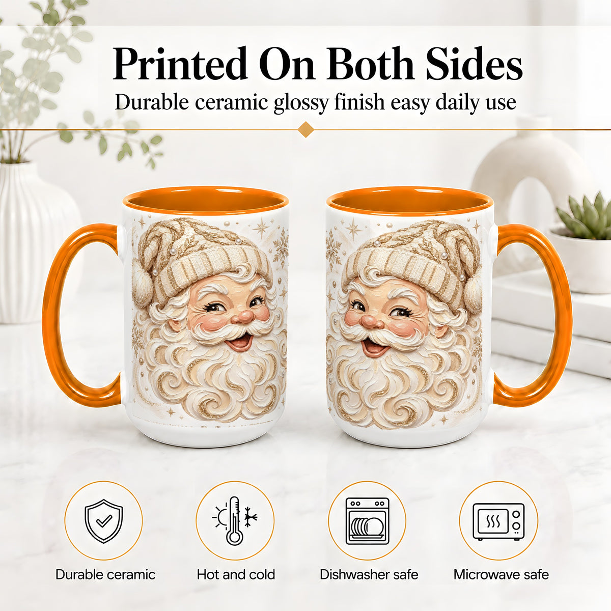 #pl[15oz|Orange] Golden Santa Ceramic Mug, Cream Gold Winter Snowflake Artwork