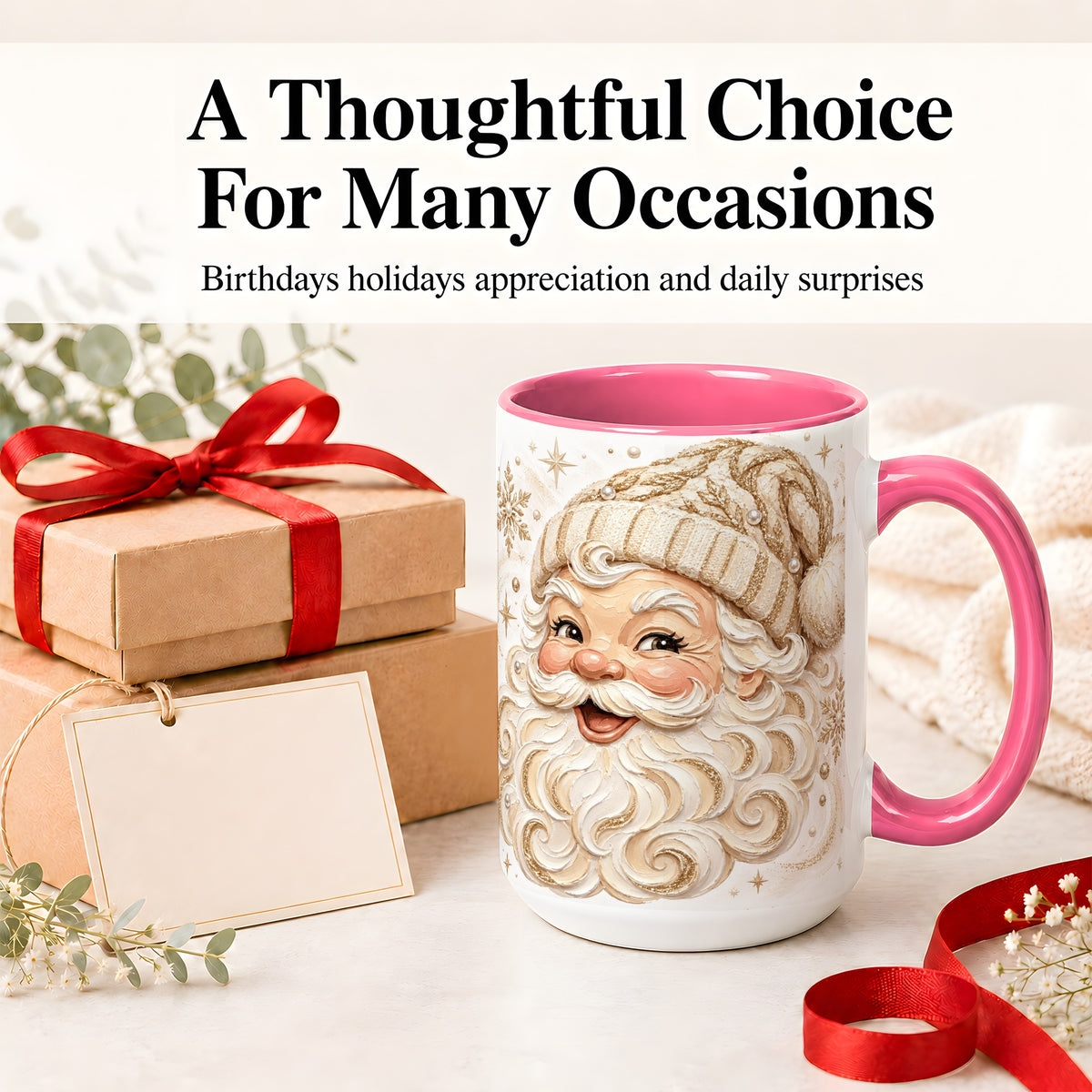 #pl[15oz|Pink] Golden Santa Ceramic Mug, Cream Gold Winter Snowflake Artwork