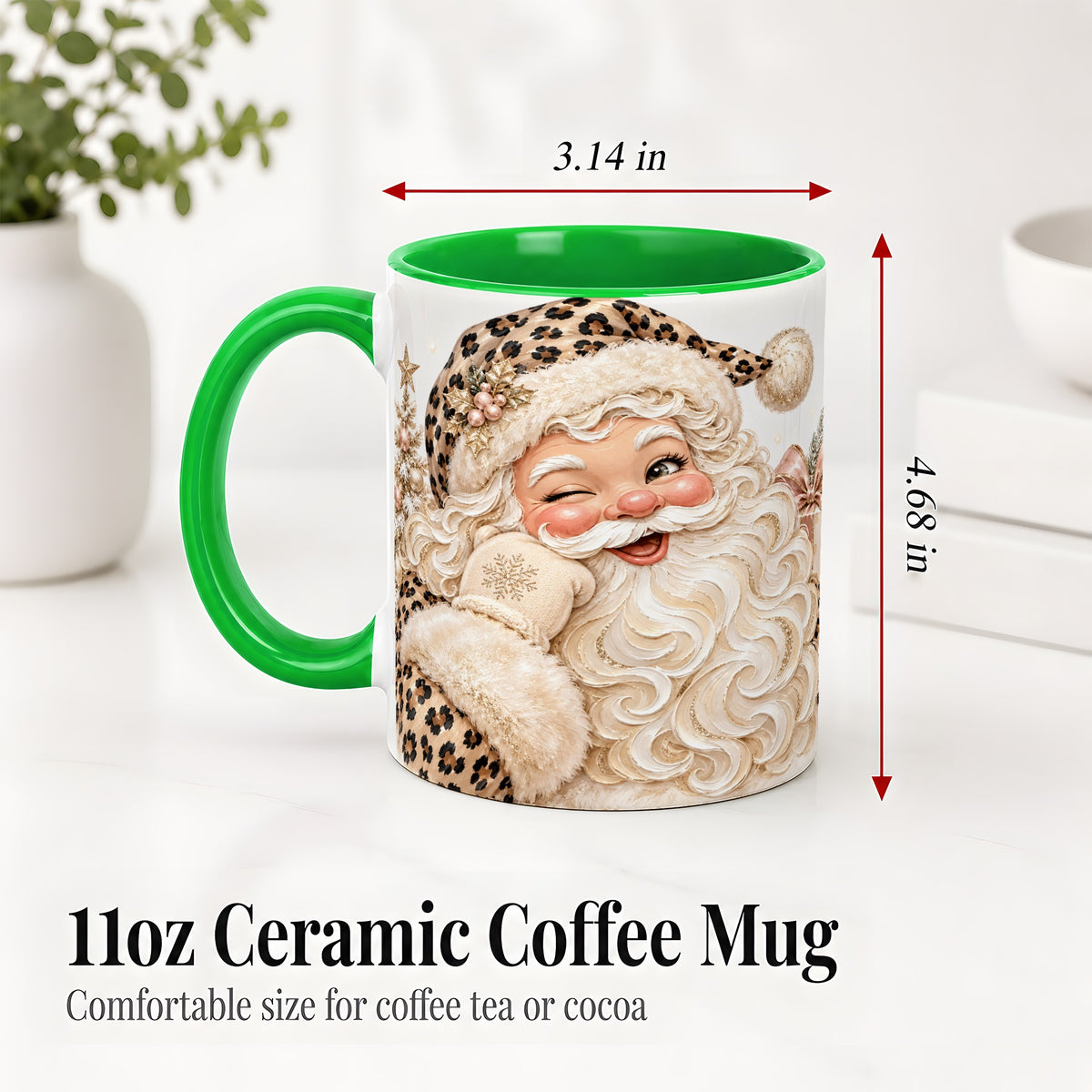 #pl[11oz|Green] Leopard Santa Ceramic Mug, Pink Bow Christmas Tree Holiday Artwork