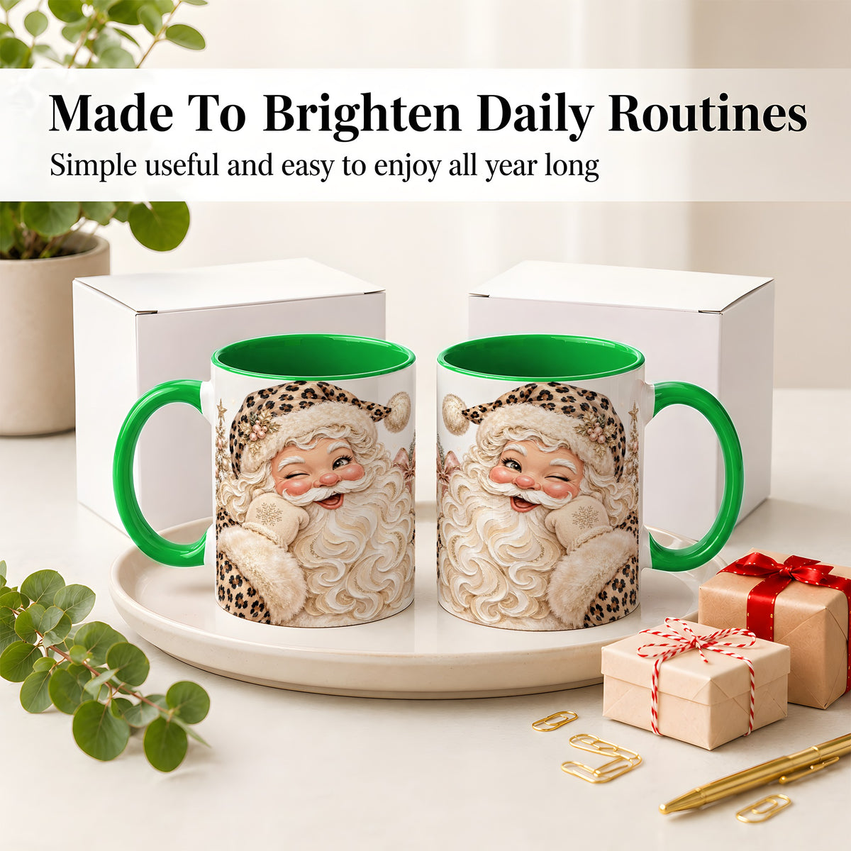 #pl[11oz|Green] Leopard Santa Ceramic Mug, Pink Bow Christmas Tree Holiday Artwork