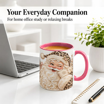 #pl[11oz|Pink] Leopard Santa Ceramic Mug, Pink Bow Christmas Tree Holiday Artwork