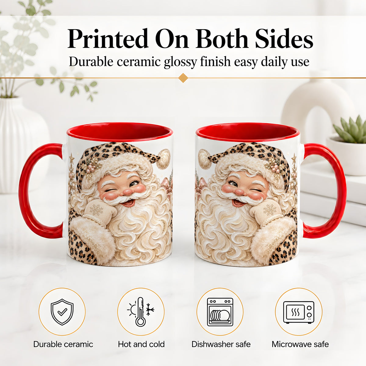 #pl[11oz|Red] Leopard Santa Ceramic Mug, Pink Bow Christmas Tree Holiday Artwork