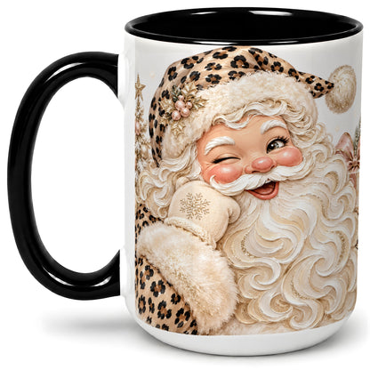 #pl[15oz|Black] Leopard Santa Ceramic Mug, Pink Bow Christmas Tree Holiday Artwork