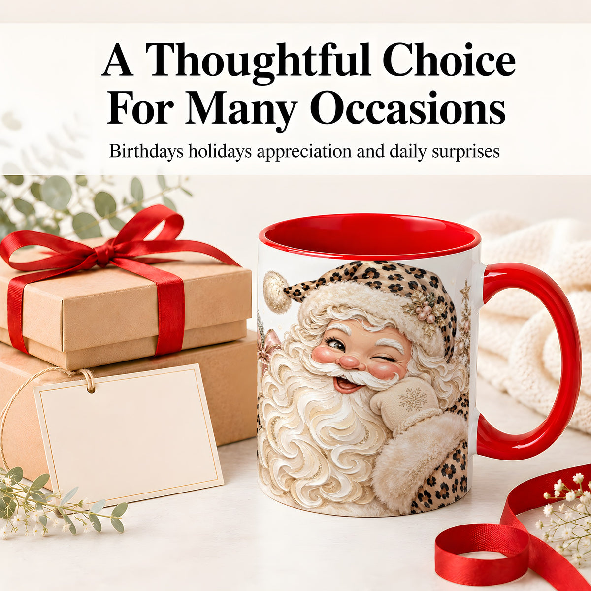 #pl[11oz|Red] Leopard Santa Ceramic Mug, Pink Bow Christmas Tree Holiday Artwork