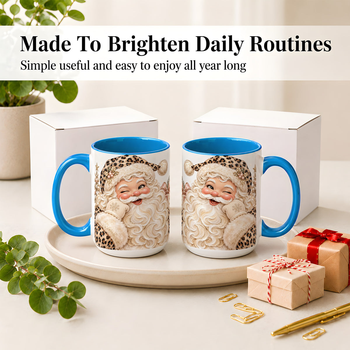 #pl[15oz|Blue] Leopard Santa Ceramic Mug, Pink Bow Christmas Tree Holiday Artwork