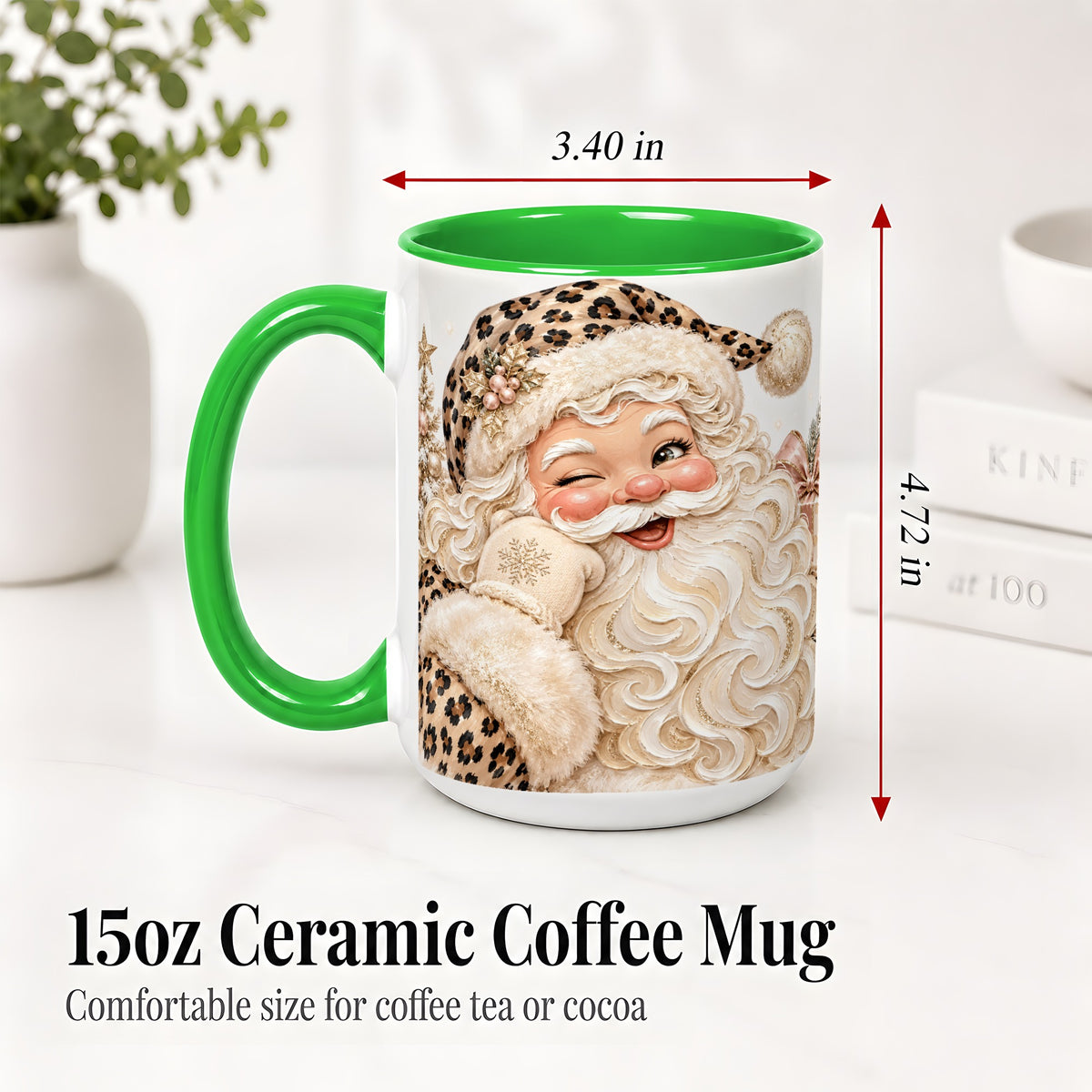 #pl[15oz|Green] Leopard Santa Ceramic Mug, Pink Bow Christmas Tree Holiday Artwork