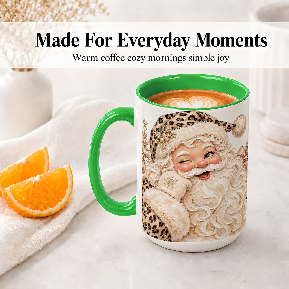 #pl[15oz|Green] Leopard Santa Ceramic Mug, Pink Bow Christmas Tree Holiday Artwork