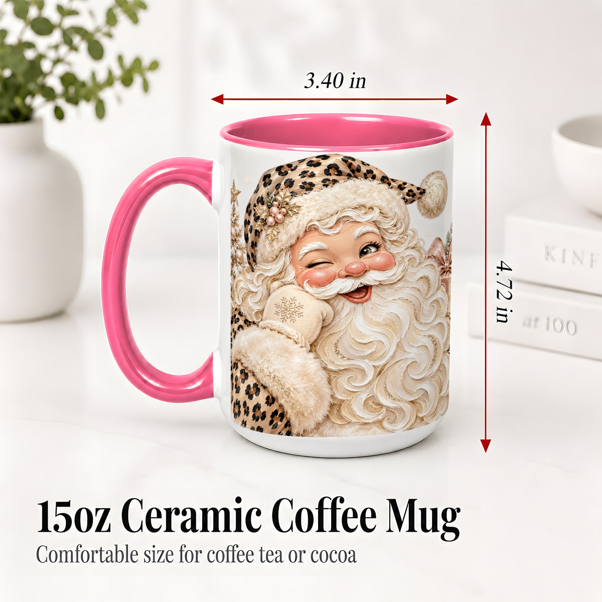 #pl[15oz|Pink] Leopard Santa Ceramic Mug, Pink Bow Christmas Tree Holiday Artwork