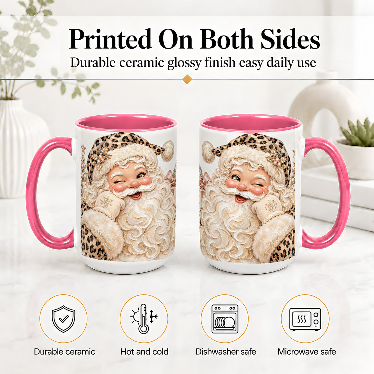 #pl[15oz|Pink] Leopard Santa Ceramic Mug, Pink Bow Christmas Tree Holiday Artwork