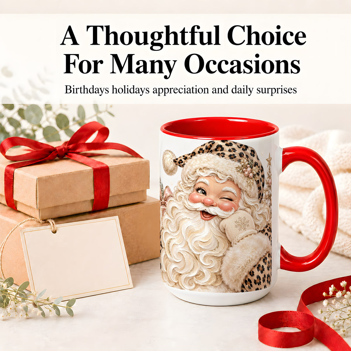 #pl[15oz|Red] Leopard Santa Ceramic Mug, Pink Bow Christmas Tree Holiday Artwork