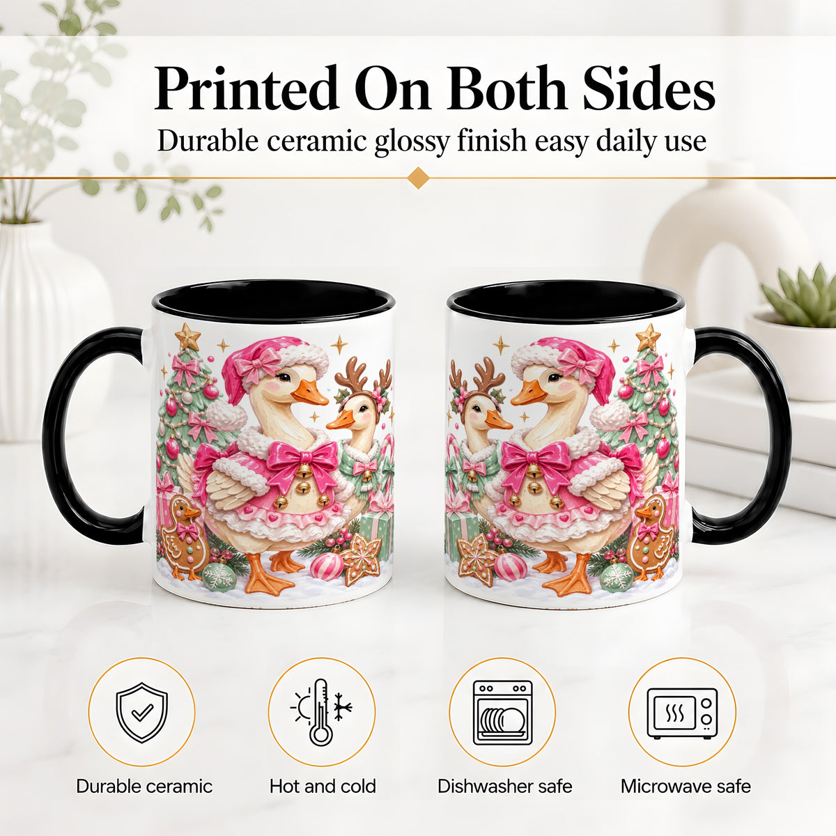 #pl[11oz|Black] Christmas Geese Ceramic Mug, Pink Bow Candy Cane Holiday Artwork