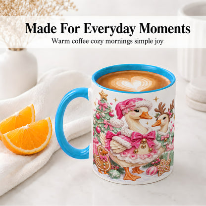 #pl[11oz|Blue] Christmas Geese Ceramic Mug, Pink Bow Candy Cane Holiday Artwork