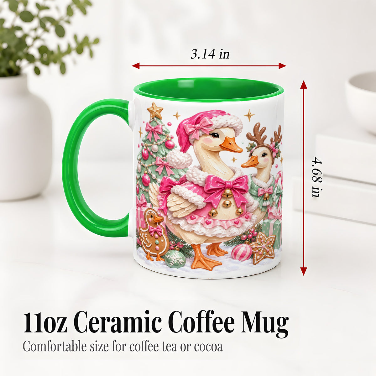 #pl[11oz|Green] Christmas Geese Ceramic Mug, Pink Bow Candy Cane Holiday Artwork
