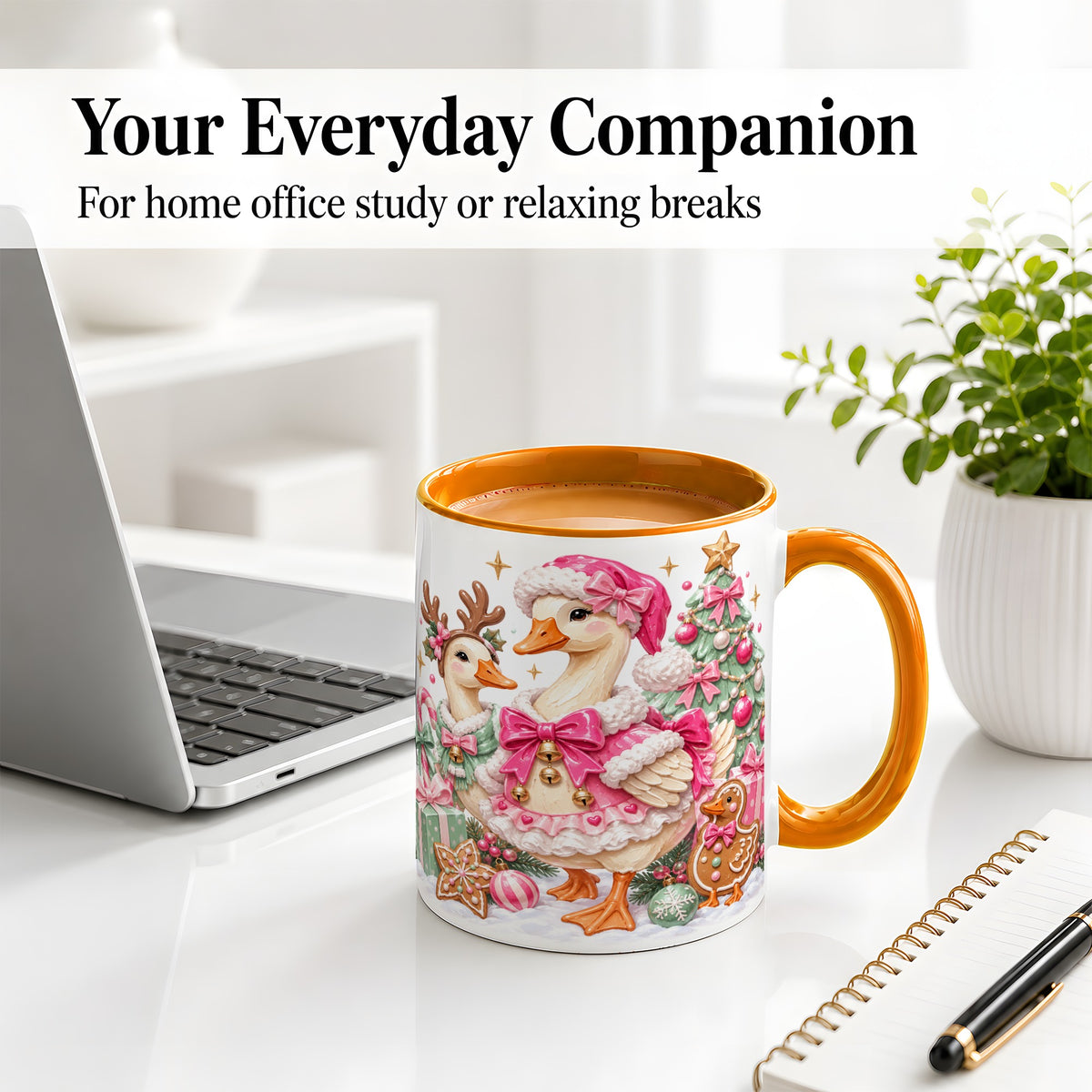 #pl[11oz|Orange] Christmas Geese Ceramic Mug, Pink Bow Candy Cane Holiday Artwork