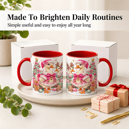 #pl[11oz|Red] Christmas Geese Ceramic Mug, Pink Bow Candy Cane Holiday Artwork